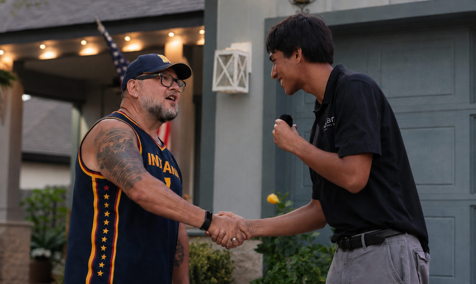 Truelight Innovations owner shaking hands with a Corpus Christi homeowner at golden hour.